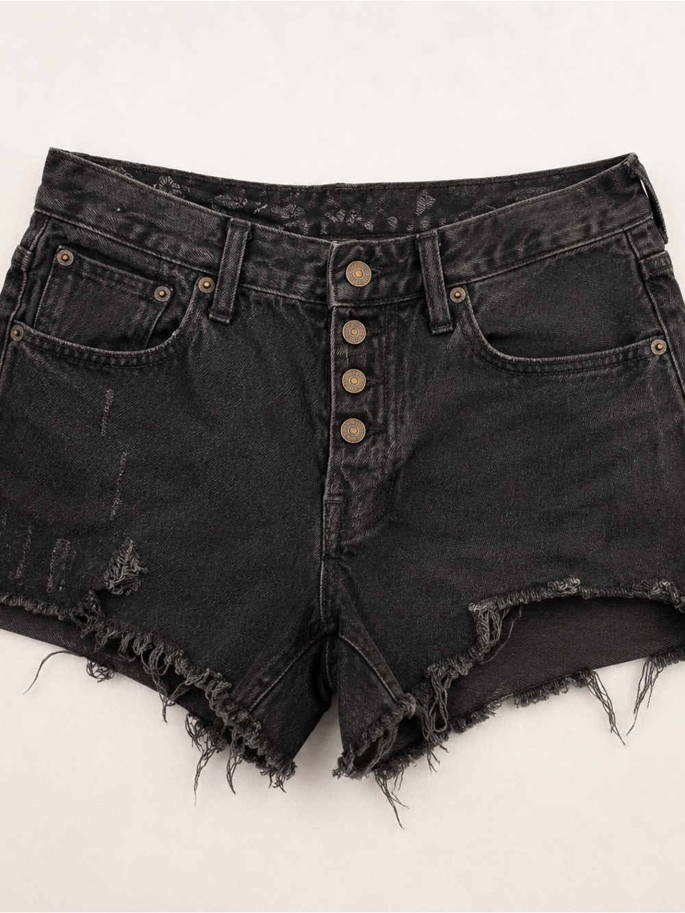 Free People Black Distressed Button-Front Denim Shorts